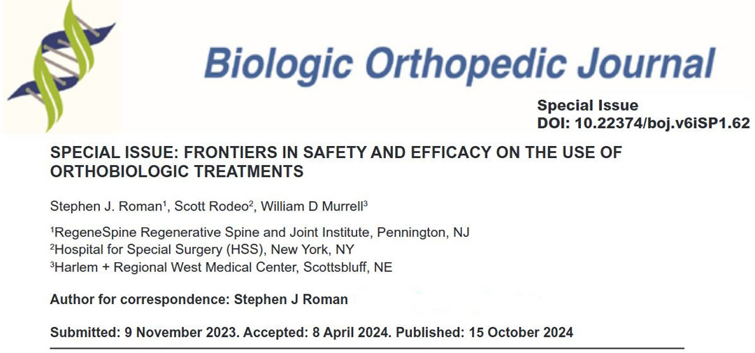 Dr. Roman publishes on The Safety and Efficacy of Orthobiologics